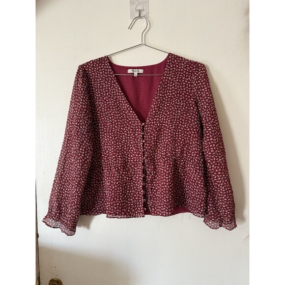 Madewell Overture Red Ditsy Flower Balloon Sleeve Top Romantic Preppy | Sz Smal - Picture 1 of 10